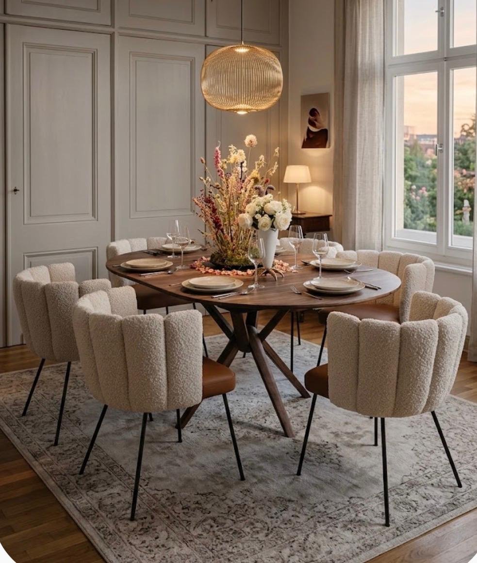 Esstisch mit Bouclé-Stühlen in hellem Esszimmer